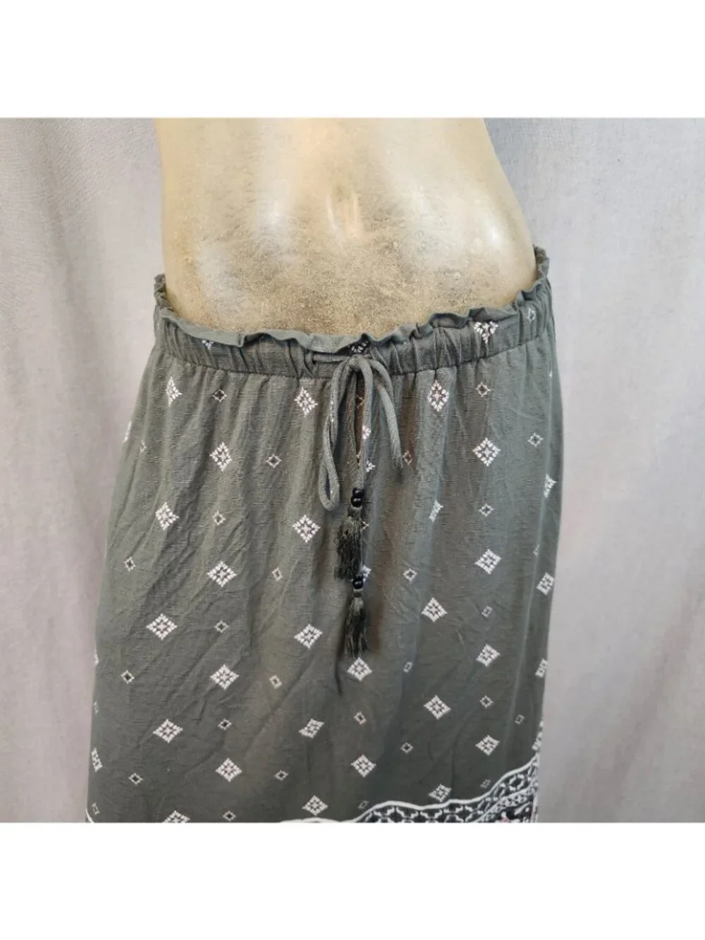 J Jill Olive Green Geometric Print Aline Drawstring Elastic Waist Skirt SMALL